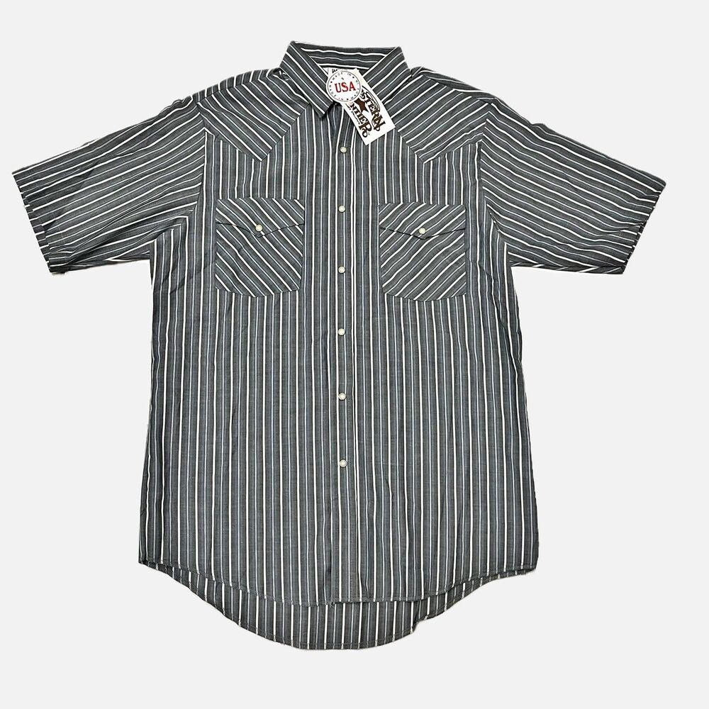 Vintage Western Frontier Grey/Blue/White Striped Pearl Snap Short Sleeve Shirt S